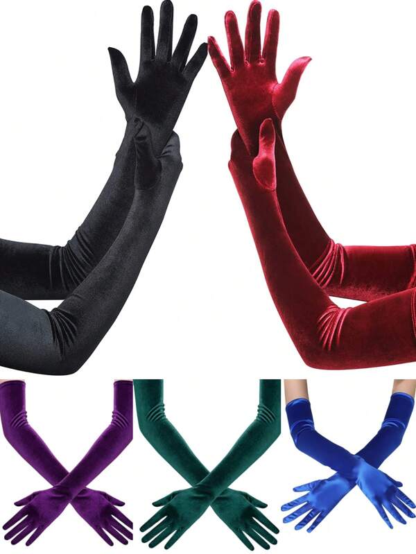 1 Pair Opera Length Velvet Women's Gloves, 1920s Flapper Elastic Elbow Length Halloween Costume Gloves Wedding