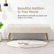 Furnistyle Ivory White Button Tufted Ottoman Bench, Faux Sherpa Fabric Ottoman, End Of Bed Bench Upholstered Entryway Bench Seat, Furry Bench With Solid Metal Legs, Vanity Bench For Makeup Room, Footstool Ottman Bench For Living Room