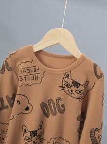 男童卡通印花长袖和长裤家居服套装，可爱猫咪和熊印花睡衣 - 咖啡棕 - 查看 3