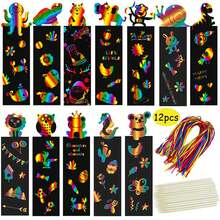 12 piezas/paquete, marcapáginas mágicos de color con animales para raspar, Sets de arte de papel de rascar arcoíris para manualidades, sets a granel de marcapáginas DIY con 12 cintas y 4 lápices de madera como herramientas de rascado - Multicolor - Ver 1