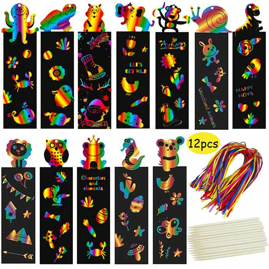 12 piezas/paquete, marcapáginas mágicos de color con animales para raspar, Sets de arte de papel de rascar arcoíris para manualidades, sets a granel de marcapáginas DIY con 12 cintas y 4 lápices de madera como herramientas de rascado - Multicolor - Ver 1