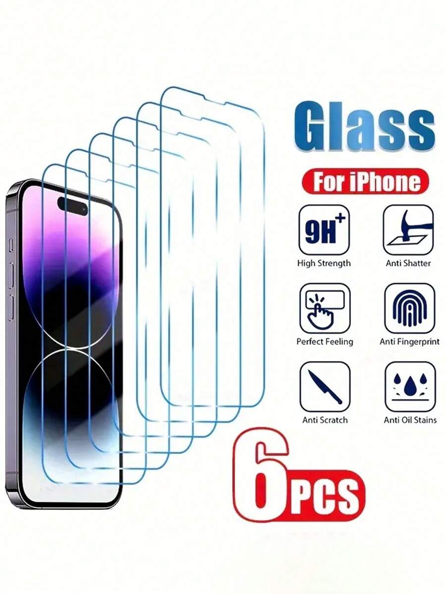 6 片装防刮钢化膜透明钢化玻璃高清手机屏幕保护膜适用于苹果手机型号，包括 Apple15PROMAX 15 16 15PRO 14、13、12、11、Xr、Xs、X、7、8 /17/17 Pro/17 Pro Max/17 Air 防爆、防碎、防刮和防水玻璃手机钢化膜