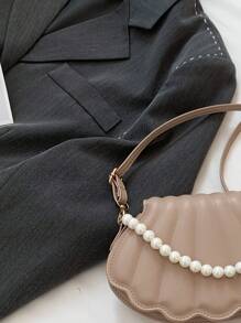 HELLO WEEKEND 1入組珍珠鏈繡PU材質手提翻蓋時尚手袋，適用於女士日常使用