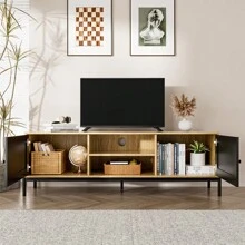 LIVINGANDHOME Living And Home  Modern TV Stand Wooden Storage Cabinet With Rattan Doors, Entertainment Centre TV Storage Cabinet With Rattan Doors, Rattan Coffee Table With Storage For Living Room, Direct Slatted Sliding Door TV Stand - Khaki - View 4
