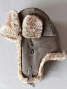 1 Piece Men Women Winter Bomber Hats Ushanka Hat With Ear Flap Pu Leather Fluffy Trapper Cap Snow Skiing Cap Fall - Brown - View 7