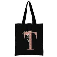 女士购物袋帆布袋手提袋可重复使用杂货手提袋储物袋玫瑰金字母姓名首字母图案旅行单肩包大容量学生手提包大容量帆布手提单肩包杂货袋书包，返校背包，大容量，轻便，便携，适合少女女大学生，非常适合返校、大学、初中、高中、工作、商务、通勤