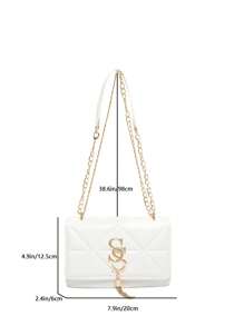 Korean Fashionable Embossed Diamond Pattern Letter Casual Handbag For Women, 2024 New Netizen Simple Shoulder Messenger Small Square Bag , Old Money, White Bag - White - View 11
