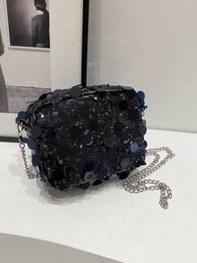 新款彩色闪光长方形女士包，个性化百搭拉链斜挎包，独特设计链条晚装包 - 黑色 - 查看 5