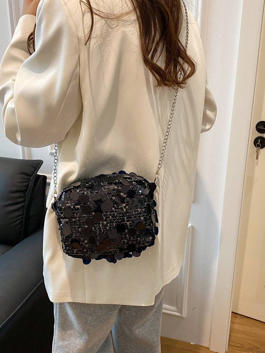 新款彩色闪光长方形女士包，个性化百搭拉链斜挎包，独特设计链条晚装包 - 黑色 - 查看 1