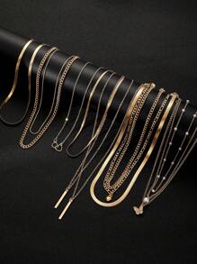 11pcs Fashionable Minimalistic Elegant Exquisite Vintage Faux Pearl Heart Shaped Crystal Butterfly Geometric Vertical Stripes Snake Chain Metal Pendant Multi-Layer Necklace Set, Perfect For Festivals, Vacations, Parties, Dates, Daily Wear And As Gifts