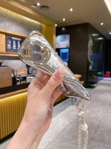 With Phone Charm 1pc Shiny Pearl & Rhinestone Bracelet And High-Grade Reflective Feather Pattern Creamy Coating Phone Case, Compatible With Apple/Samsung/Xiaomi/Redmi/Infinix/Vivo/Oppo - Clear - View 5