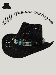 1 peça chapéu de cowboy estilo ocidental de cor sólida feminino, chapéu de sol de palha com contas unissex, chapéu de praia panamá vazado, design boho chique adequado para uso diário - Multicolorido - Ver 9