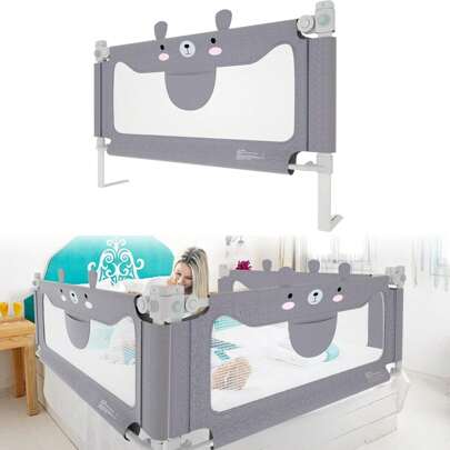 LILIIN Poręcz do łóżeczka dziecięcego Zabezpieczenie przed upadkiem Wzór niedźwiedzia Poręcz ochronna z regulacją wysokości Poręcz do łóżeczka dziecięcego Szara Przenośna barierka do łóżka 150 cm / 180 cm / 200 cm
