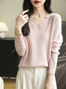 Pull col V pour femmes en laine mérinos 100%, prêt à porter de première ligne, manches longues décontractées, sans couture