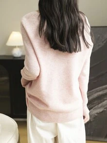 100%美麗諾羊毛女式毛衣V領套頭針織無縫長袖休閒毛衣