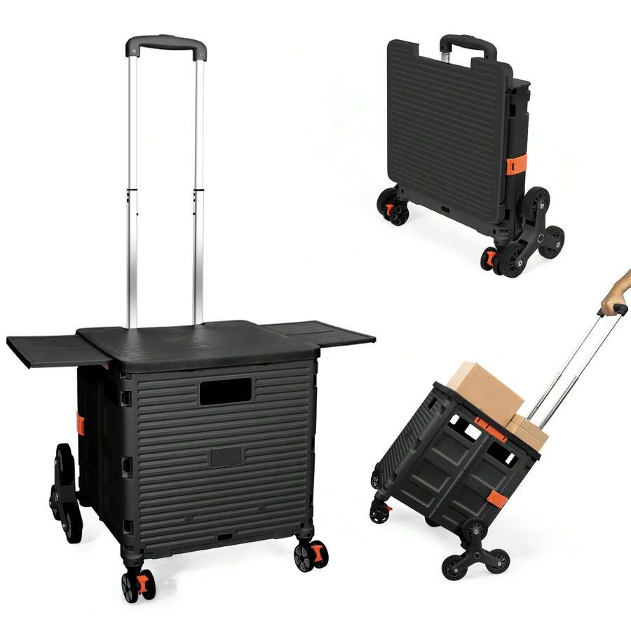 Foldable Shopping Trolley Collapsible Portable Utility Cart With Stair Climbing Wheels Compact Tote Basket With Magnetic Lid Rolling Crate With Telescoping Handle Lightweight Heavy Duty 80kg - Black - View 1