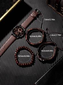 4pcs Fashionable Business Casual Men's Watch, Round Brown Quartz Watch, Paired With PU Woven Bracelet And Wooden Bead Bracelet Set, Suitable For Casual Daily Wear And Holiday Wear, The Best Gift Set For Men.