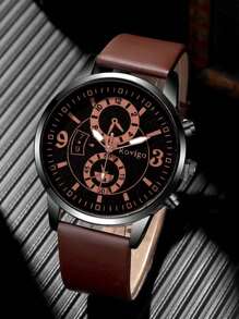 4pcs Fashionable Business Casual Men's Watch, Round Brown Quartz Watch, Paired With PU Woven Bracelet And Wooden Bead Bracelet Set, Suitable For Casual Daily Wear And Holiday Wear, The Best Gift Set For Men.