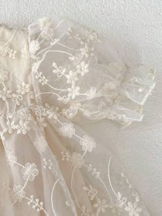 Vestido de Manga Curta de Tule Bordado para Bebês Meninas, Verão