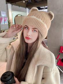 1 件装可爱耳饰针织冬帽，女士，温暖舒适，大头围，适合秋冬季情人节