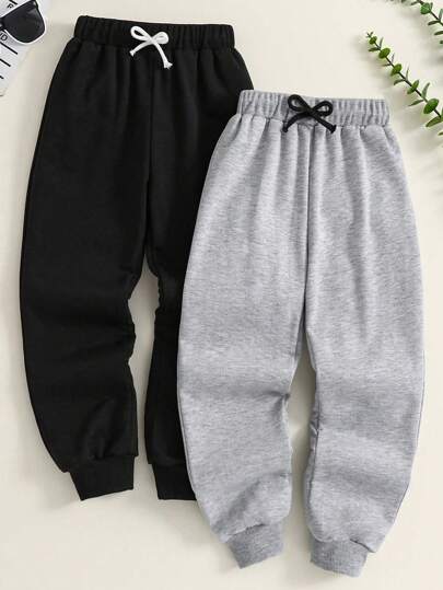 2pcs Tween Boy Solid Color Sweatpants With Elastic Waistband And Drawstring, Suitable For Middle And Big Kids To Jogging