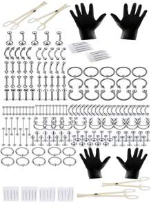 13/64/74/134 件一次性身体穿刺工具套件，含 16g 不锈钢穿刺针、穿刺钳、唇环/微针环/鼻环/舌环/肚脐环 - 銀色 - 查看 2