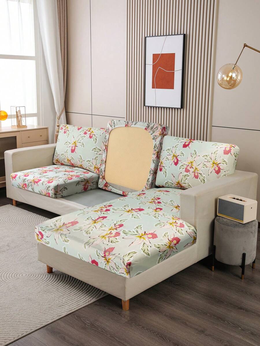 1入組可伸縮沙發坐墊套，印有小喇叭花植物圖案，全季通用