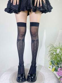 1 par de Calcetines por encima de la rodilla para mujer con estampado floral, exquisitos y jacquard Lolita cosplay hasta los muslos, medias de seda delgadas para el verano