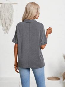 Women's Tops Fashion Ribbed Polo V Neck Casual Work Blouse Short Sleeve T-Shirt - màu đen - Xem 2