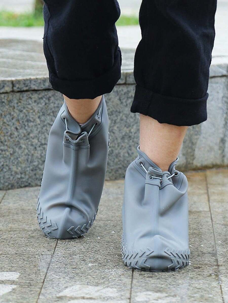 1 件男女通用灰色硅胶抽绳防水防滑加厚雨鞋套
