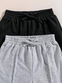 2 pièces Pantalons de sport de couleur unie avec cordon de serrage pour filles pré-adolescentes