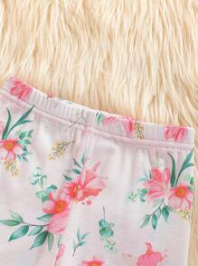 Baby Girls' Cute Round Neck Puff Sleeve Long Sleeve T-Shirt, Floral & Heart Print Leggings 4-Piece Outfit Set, Suitable For Daily Outings In Spring/Autumn