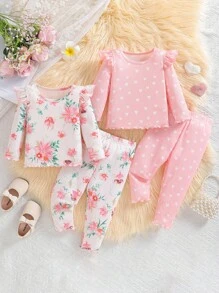 Baby Girls' Cute Round Neck Puff Sleeve Long Sleeve T-Shirt, Floral & Heart Print Leggings 4-Piece Outfit Set, Suitable For Daily Outings In Spring/Autumn
