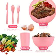 48 件小麦秸秆餐具套装 牢不可破的塑料盘子和碗碟 适用于旅行野餐露营餐具 彩色餐盘 可用于洗碗机 微波炉 可重复使用 轻质餐具 - 混色 - 查看 5