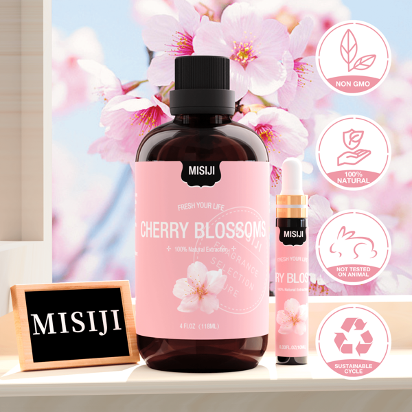 118ml Cherry Blossom Essential Oil/Cherry Blossom Plant Extract Essential Oil/Steam Distilled/Comes With 10ml Portable Bottle/Suitable For Aromatherapy Diffuser And Humidifier/Suitable For Making Fragrance, Soap, Candle/Suitable For Massage, Home Care/Suitable For Skin, Hair/Suitable For Office, Bedroom, Meditation, Yoga, Travel