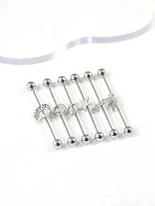 6pcs/Set 1.2*40mm Stainless Steel Industrial Barbell Helix Earrings, Length Piercing Spiral Ear Stud Ear Screen Moon Pentagram Alien Bat Design, Suitable For Men And Women's Daily Wearing Industrial Barbell Cartilage Piercing Decoration - Silver - View 7