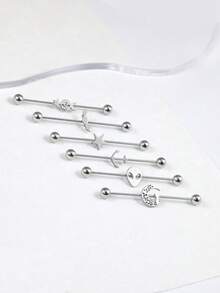 6pcs/Set 1.2*40mm Stainless Steel Industrial Barbell Helix Earrings, Length Piercing Spiral Ear Stud Ear Screen Moon Pentagram Alien Bat Design, Suitable For Men And Women's Daily Wearing Industrial Barbell Cartilage Piercing Decoration - Silver - View 2