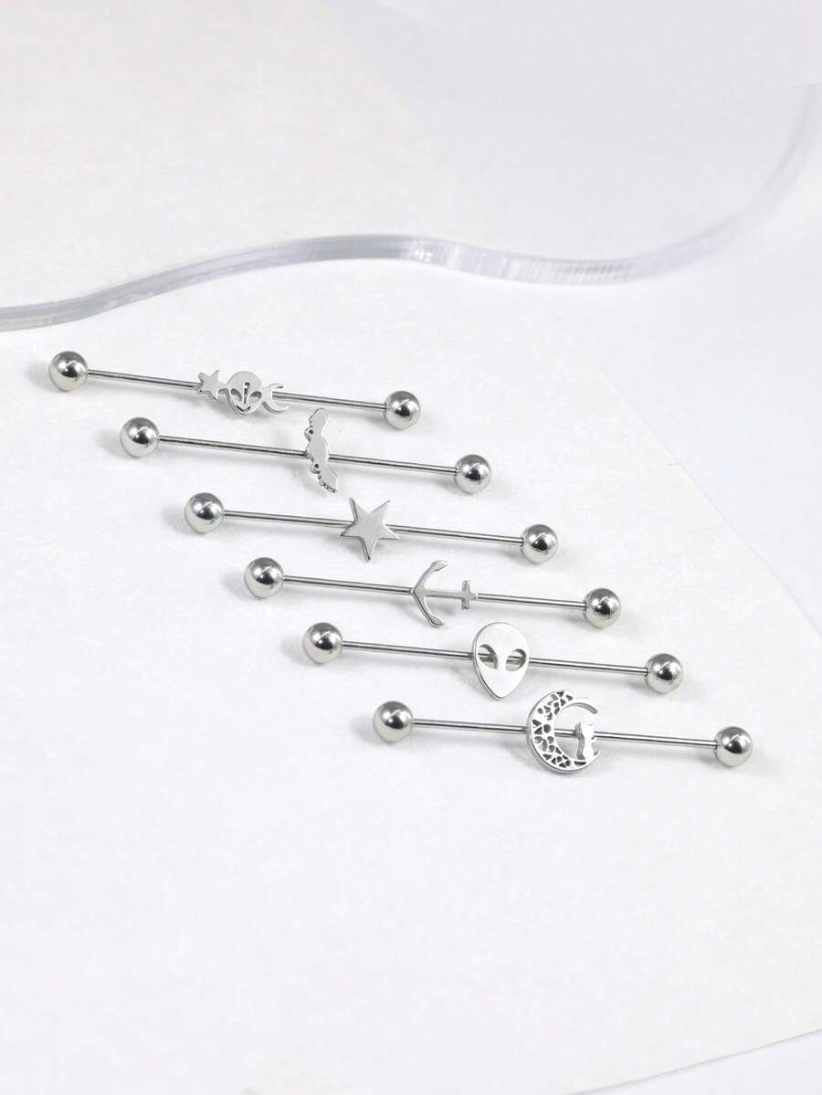 6pcs/Set 1.2*40mm Stainless Steel Industrial Barbell Helix Earrings, Length Piercing Spiral Ear Stud Ear Screen Moon Pentagram Alien Bat Design, Suitable For Men And Women's Daily Wearing Industrial Barbell Cartilage Piercing Decoration