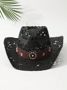 1 pieza Sombrero de vaquero estilo oeste de verano para viajes con impresión de ala ancha teñido decorativo turquesa unisex, sombrero de playa perforado para una mejor ventilación y con banda decorativa con cuentas tejida a mano, sombrero de paja - Multicolor1 - Ver 16
