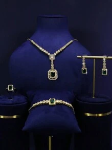 Juego de joyería de 5 piezas chapado en oro de 14K para mujeres, incluye collar, aretes, pulsera, anillo, diseño de gota, adecuado para novia, boda, fiesta, celebración, regalo para amigos