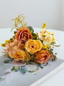 1 Bouquet Artificial Rose Flowers, Includes Silk Embroidered Balls, Suitable For Wedding, Home, Restaurant, Bedroom, Vase Decor, Holiday Birthday Party, Wedding Decor, Flowers, Valentine's Day Gift, New Year DIY Materials, Graduation Gift - Rose-yellow - View 6