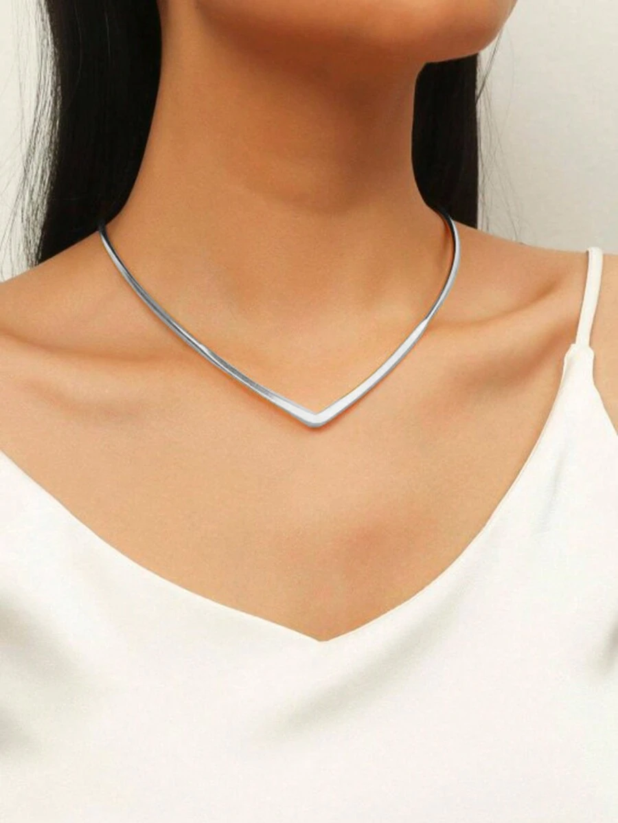 1pc Women V-Neck Choker Necklace, Suitable For Daily Wear - Silver - View 1