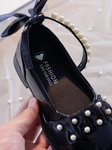 Zapatos de princesa para niñas, zapatos con estilo británico para todas las estaciones, suela blanda antideslizante tipo Mary Jane con lazo y perlas para niñas, diseño de cordones de PU - Negro - Ver 10