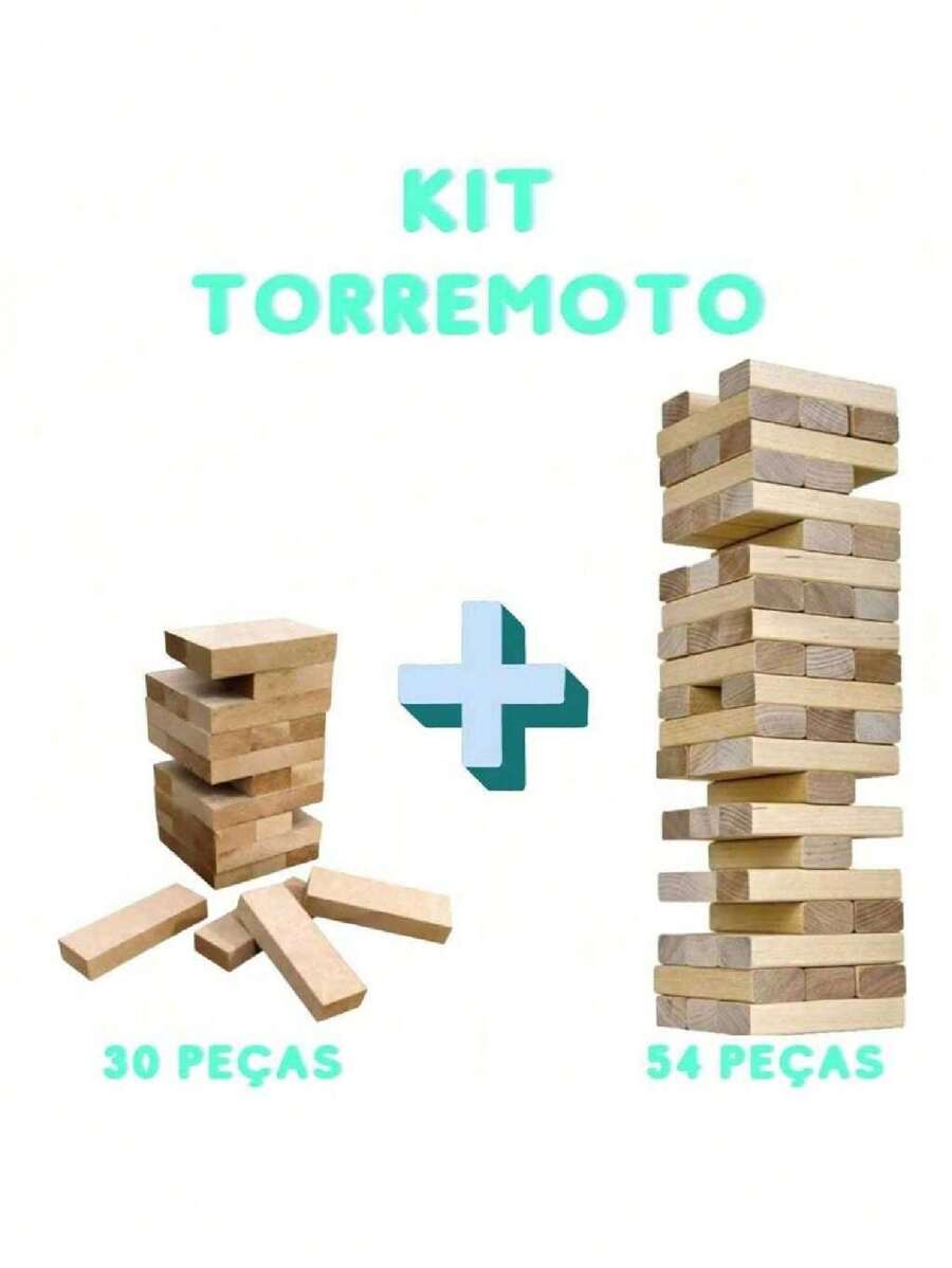 Kit Jogo Terremoto Caiu Perdeu Grande 54 Peças Pequeno 30 Peças Jenga - Marrom - Visão 1