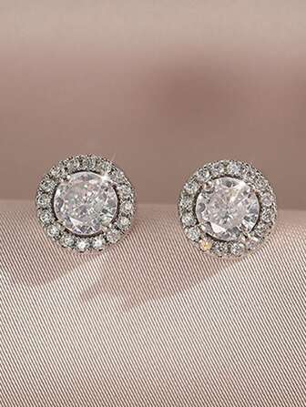 1 Pair Classic Round Cubic Zirconia Women Stud Earrings For Girl Engagement Wedding Earrings Holiday Travel Daily Decoration Dating Gift