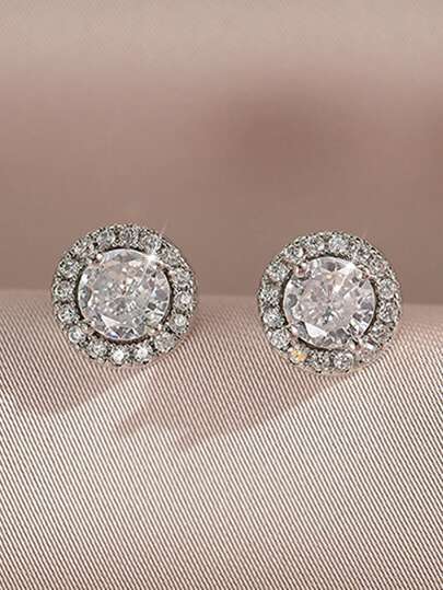 1 Pair Classic Round Cubic Zirconia Women Stud Earrings For Girl Engagement Wedding Earrings Holiday Travel Daily Decoration Dating Gift