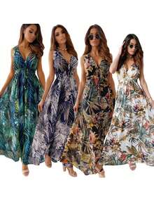 Vestidos de Verano para Mujer Bohemio Casual, Vestido sin Mangas para Dama con Escote En V Cómodo, Vestidos de Playa para Verano Estampado Vintage - Azul - Ver 6