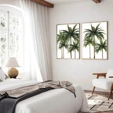 Set Of 2 Palm Tree Wall Art Picture Tropical Plant Canvas Prints Paintings Palm Tree Poster Beach Coastal Decor For Bedroom, Living Room, Or Office Unframed