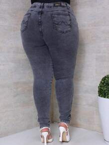 Calça Plus Size Jeans Marmorizada Com Elastano Valoriza Bumbum - Lavagem Média - Visão 5
