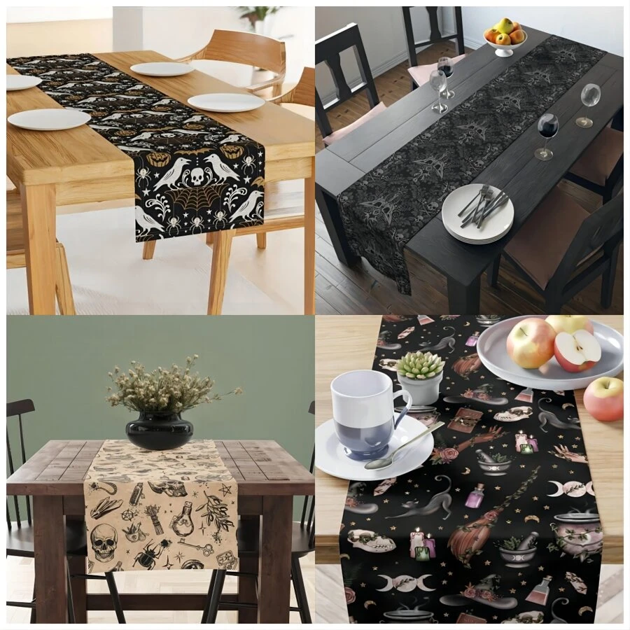 1pc Halloween & Day Of The Dead Table Runner, Linen, 13x72 Inches, Suitable For Farmhouse, Indoor, Kitchen, Anniversary, Table Decoration, Home Goods, Party Decor,Halloween Decor,Home Decor Halloween Party - Multicolor - View 1